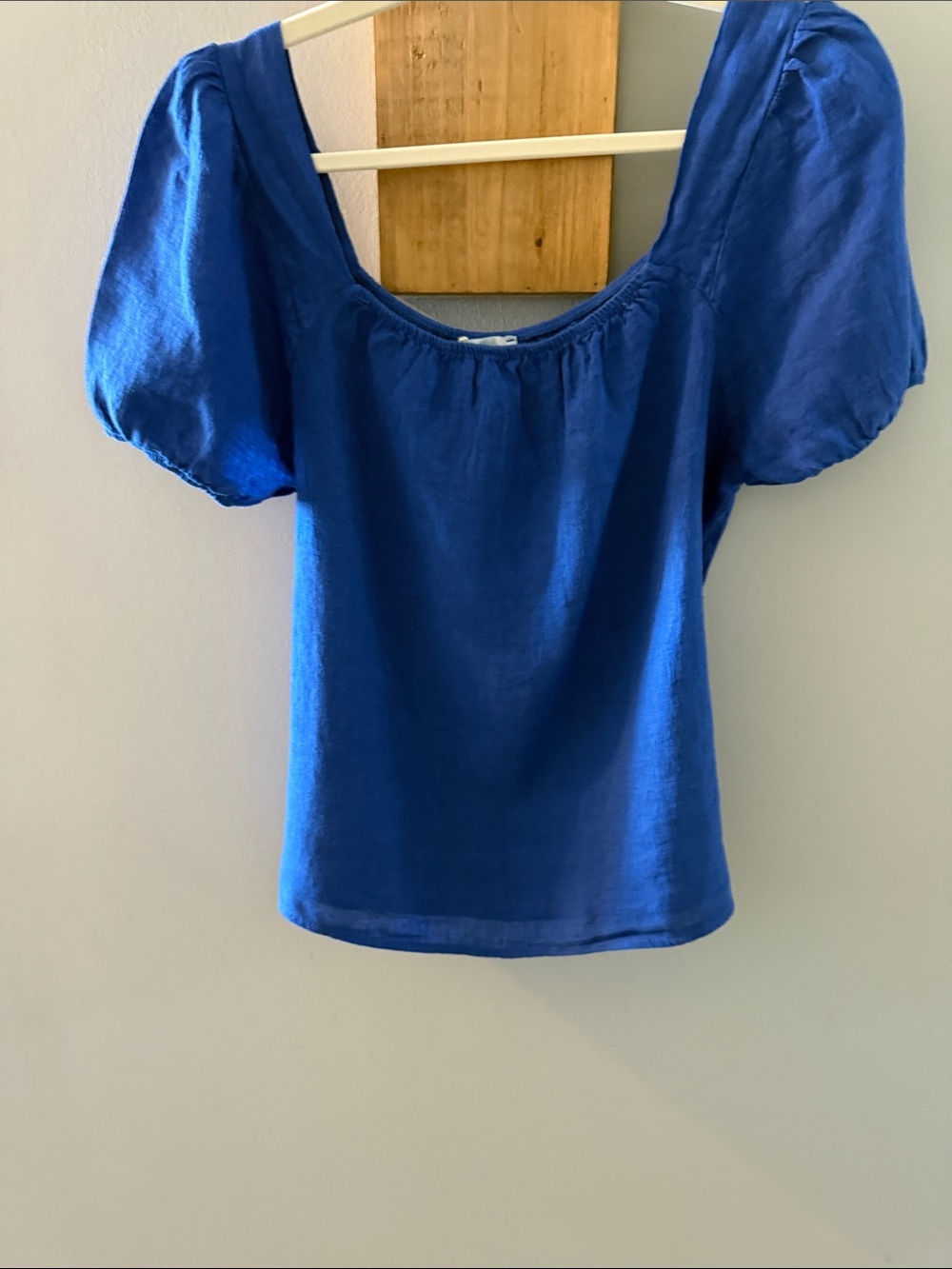 BELLAUNBRA Women’s 100% Linen Puff Sleeve Square Neck Top - Royal Blue, S, NWTs